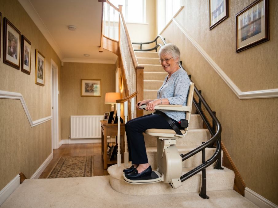 Woman smiling on stairlift